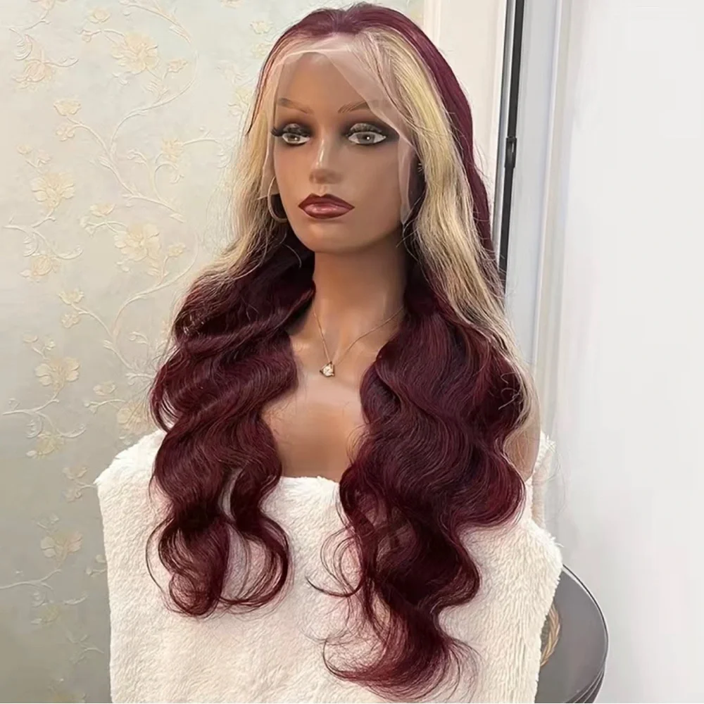 💕 SHEN 24” 99J Skunk Stripe Burgundy Blonde Colored Lace Front Human Hair *NEW*